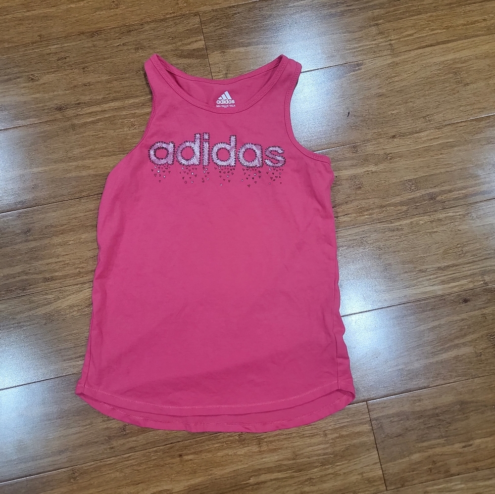 Girls Adidas Pink Raceeback top with pink and silver hearts size 10-12